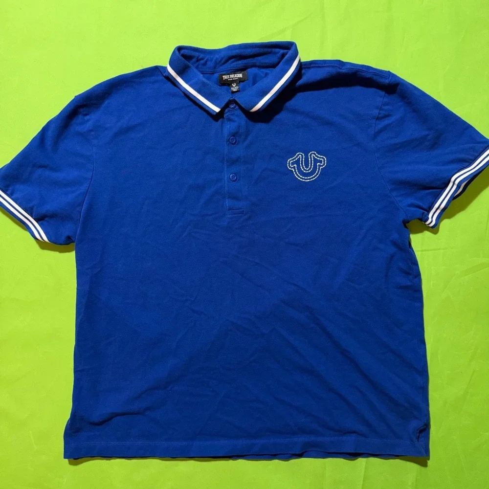True Religion Mens Royal Blue Horseshoe Logo Polo Shirt XL